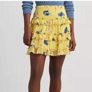 🆕 Lauren Ralph Lauren Women’s Ruffled Miniskirt Yellow Floral Size 12